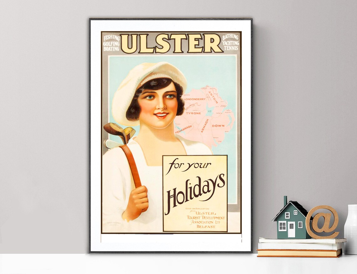Ulster for Your Holidays Golf Woman Map Vintage Ireland Travel Poster