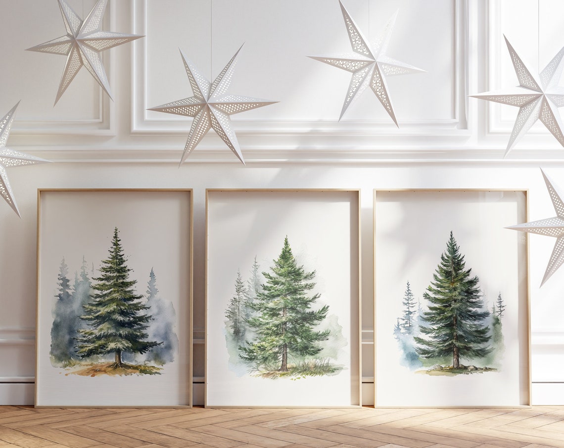 Misty Watercolor Evergreen Forest Trio Christmas Winter Wall Art