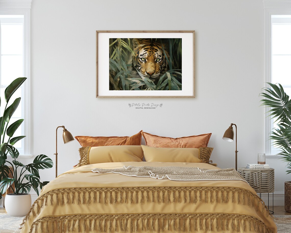 Tiger Staring Through Bamboo Leaves Moody Jungle Wildlife Poster - Image 2