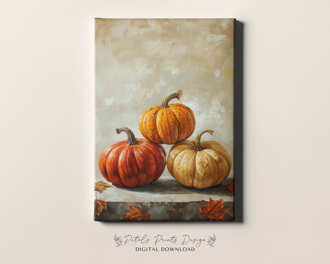 Autumn Pumpkin Trio Still Life Vintage Fall Harvest Art Print - Image 4