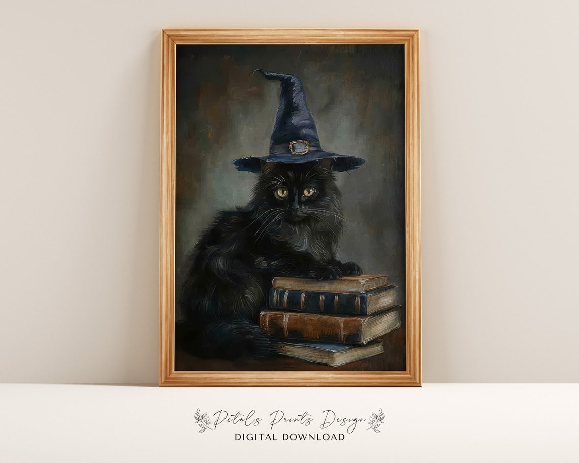 Black Cat Witch Hat Portrait On Antique Books Halloween Poster