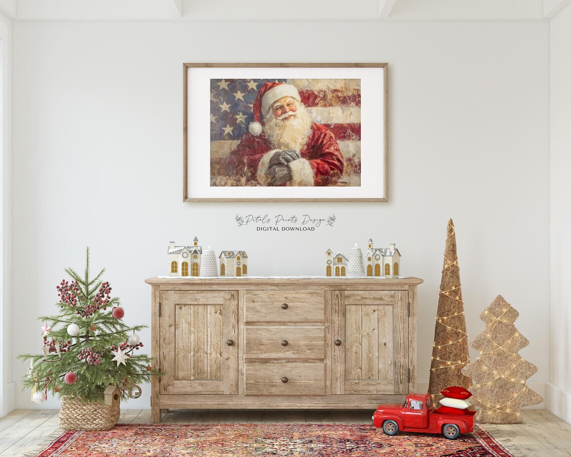Patriot Santa Christmas Art Print, Rustic Vintage Holiday - Image 2
