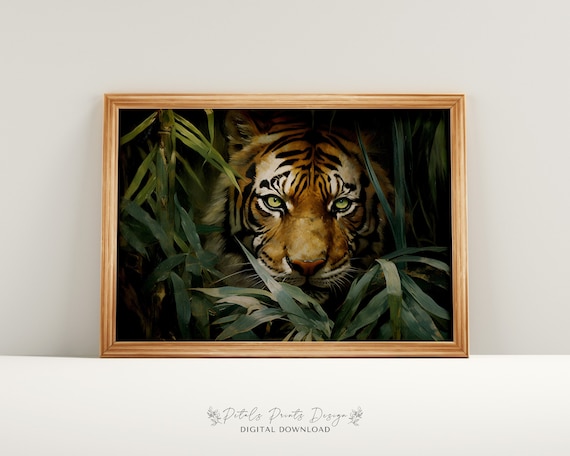 Tiger Staring Through Bamboo Leaves Moody Jungle Wildlife Poster