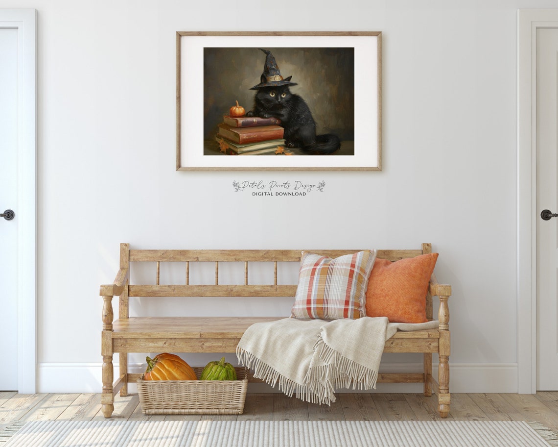 Fluffy Black Cat With Witch Hat And Pumpkin Fall Painting Poster - Image 3