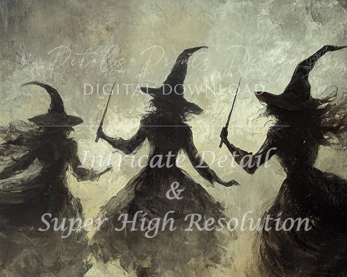 Three Witches Dancing with Wands in Smoky Dark Halloween Painting Poster - Image 2