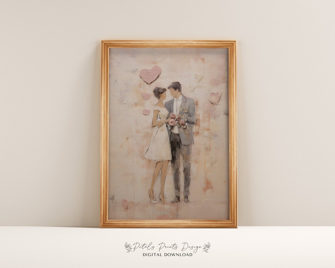 Romantic Couple Embrace Pink Hearts Watercolor Valentine Poster