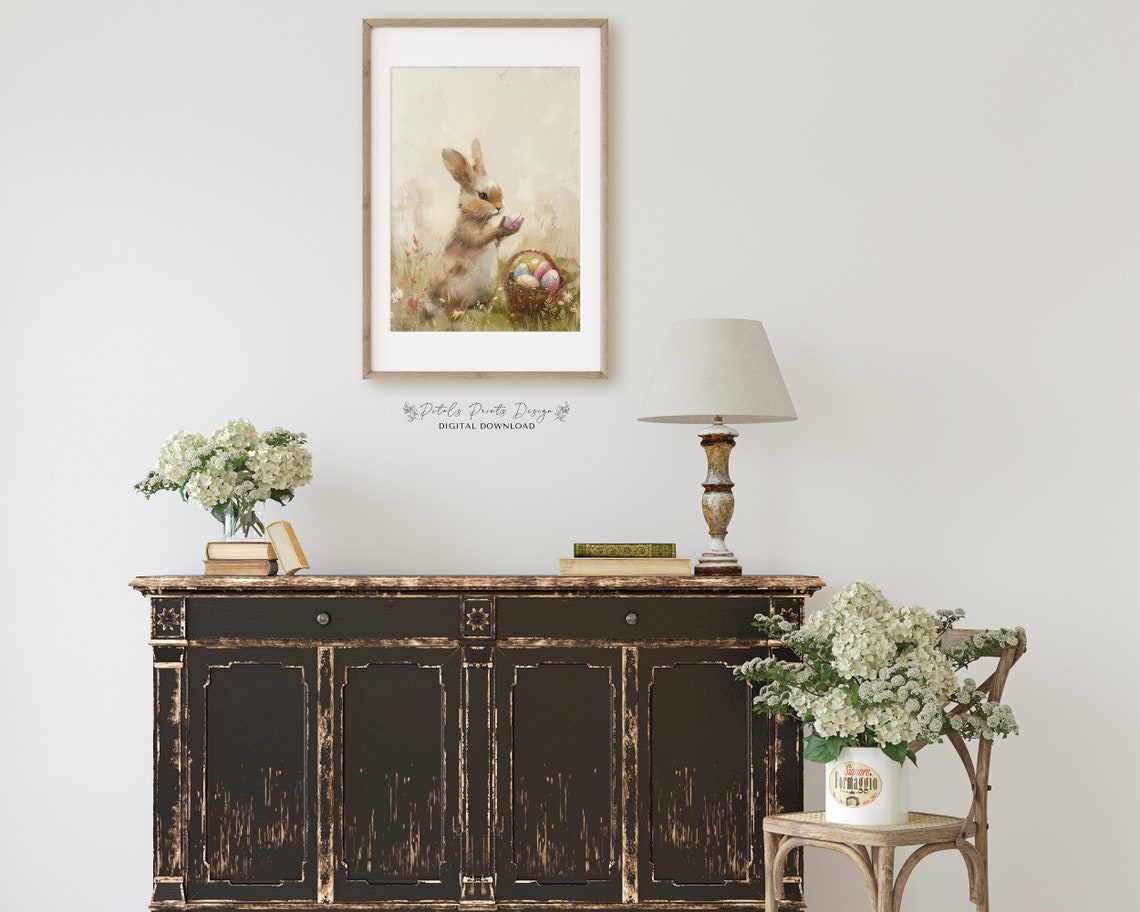 Cute Bunny Holding Painted Easter Egg Beside Basket Art Poster - Image 2