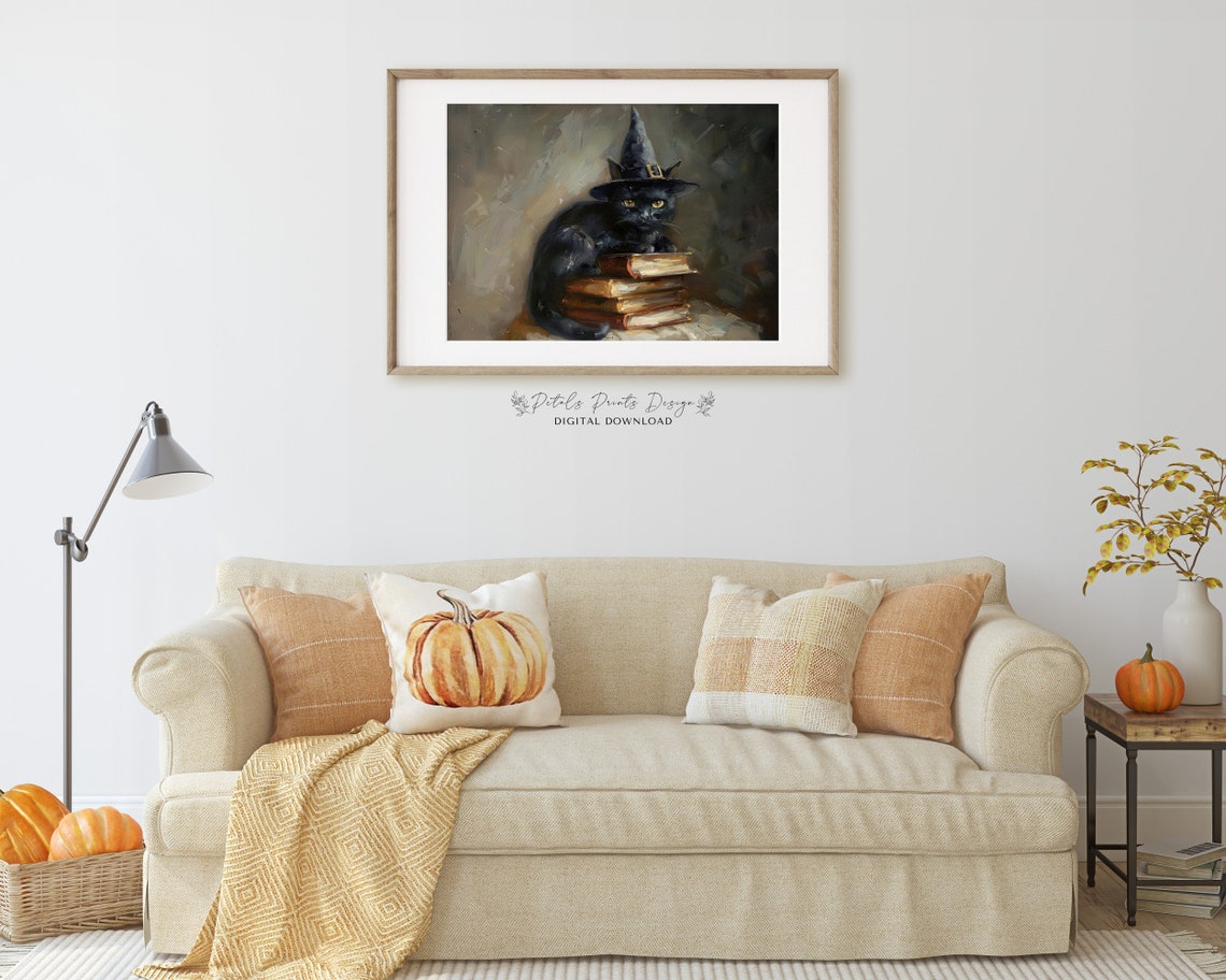 Witch Hat Black Cat Resting On Vintage Books Halloween Poster - Image 3