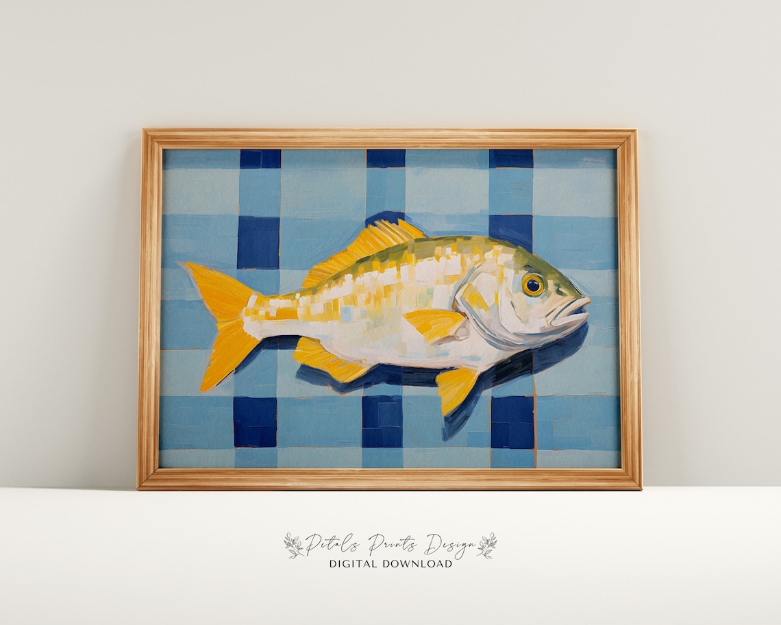 Yellow Finned Fish on Blue Checkered Background Modern Art Poster