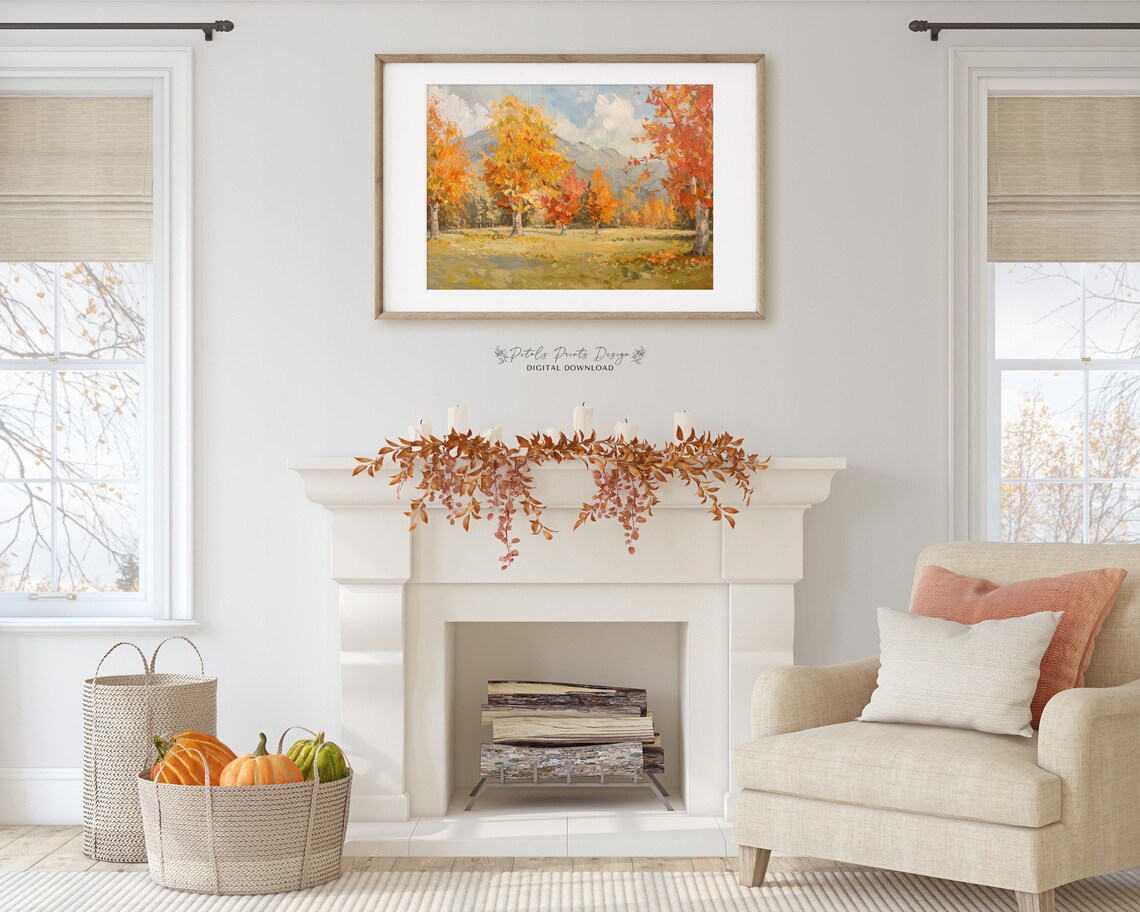 Golden Autumn Meadow Trees Mountain View Oil Painting Fall Art Print - Image 2