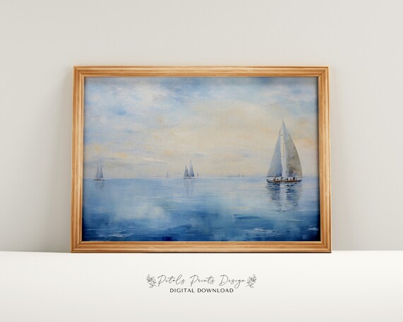 Misty Sailboats Hazy Sunset Seascape Soft Blue Watercolor Poster