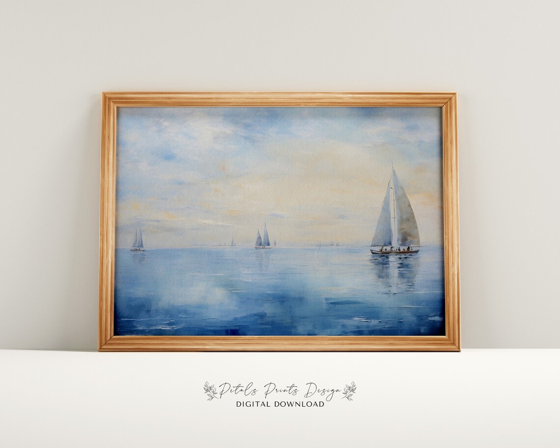 Misty Sailboats Hazy Sunset Seascape Soft Blue Watercolor Poster