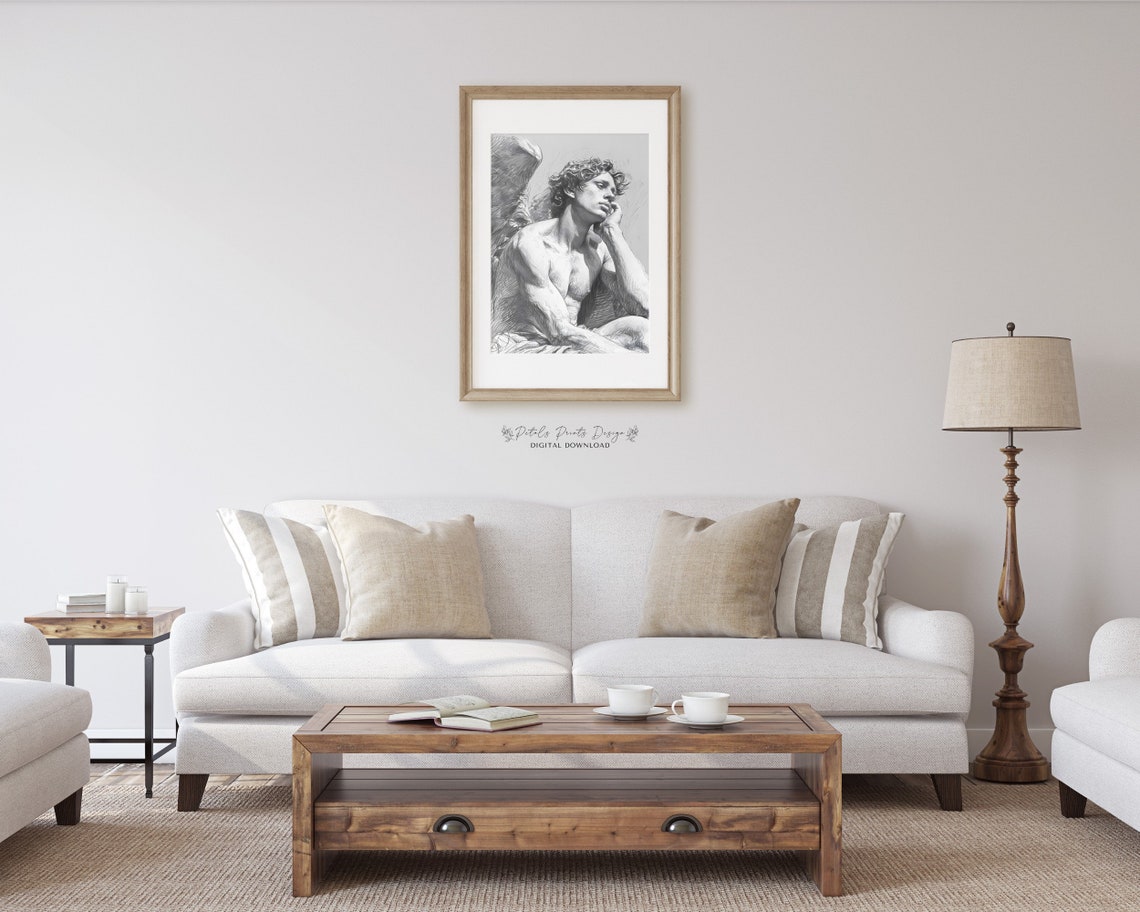 Pensive Angel Pencil Sketch Winged Figure Greyscale Drawing Poster - Image 2