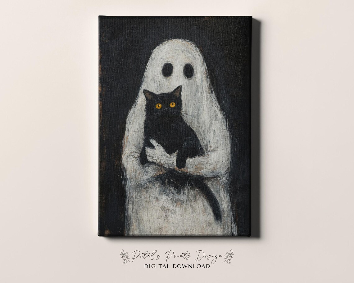 Ghost Hugging Black Cat Spooky Vintage Halloween Painting Poster - Image 4