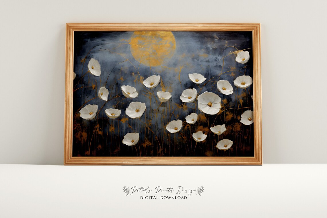 White Cosmos Field Under Golden Moon Dark Moody Floral Poster