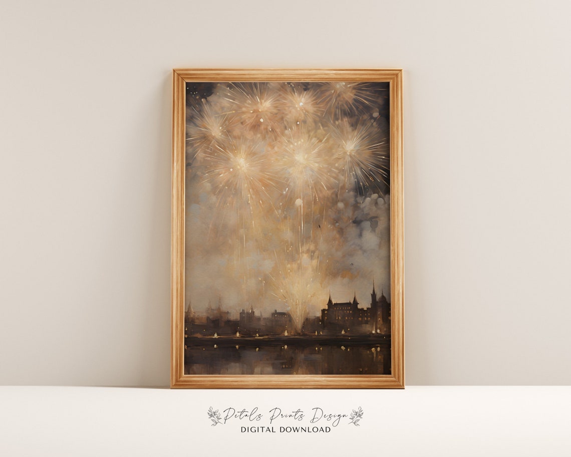Fireworks Over City Skyline Night Celebration Watercolor Poster