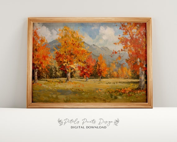 Rustic Fall Landscape Print Vintage Autumn Moody Countryside Painting Farmhouse Decor Fall Wall Print Autumn Landscape Earth Tone