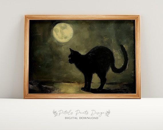 Black Cat Silhouette Under Full Moon Spooky Night Painting Poster