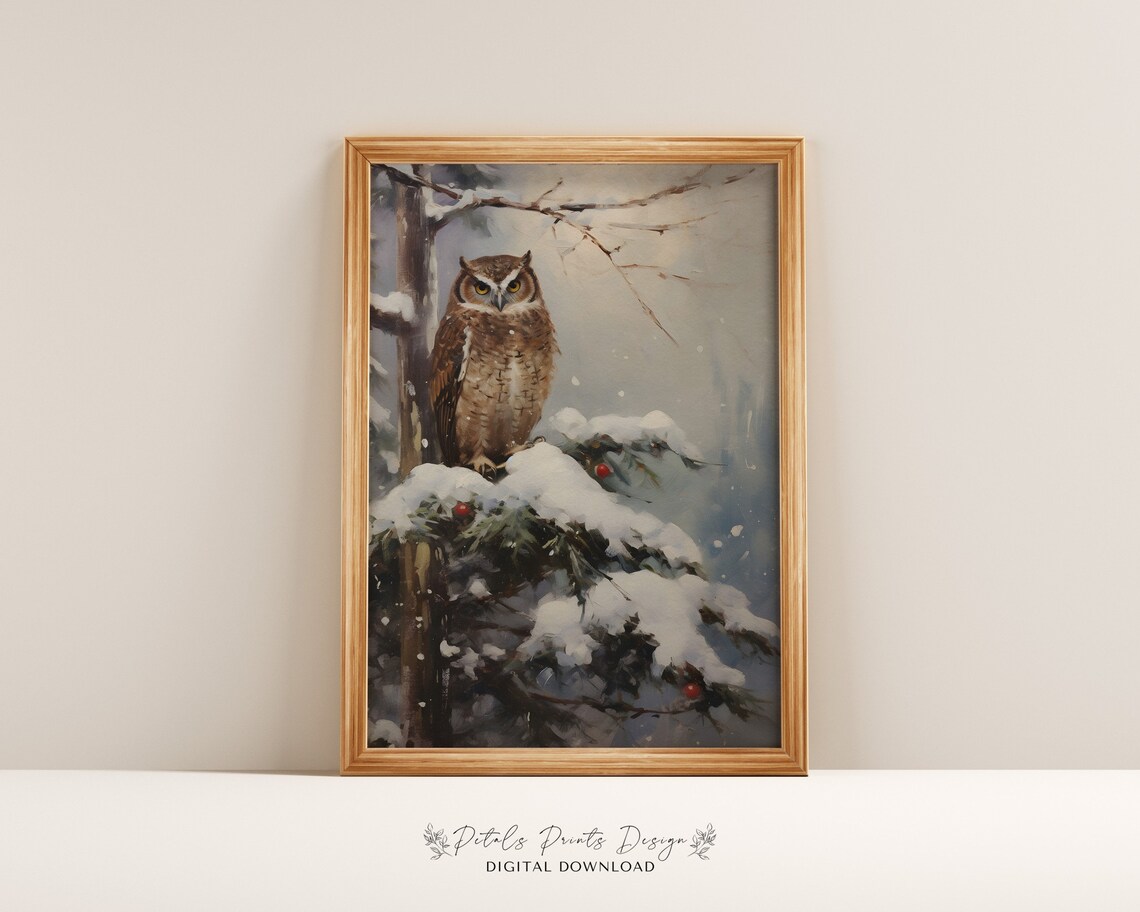 Christmas Owl Rustic Vintage Holiday Art Print