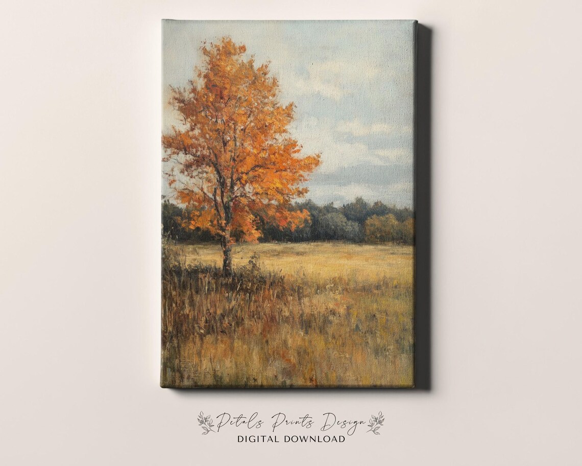 Lone Autumn Tree In Golden Field Fall Landscape Painting Poster - Image 4