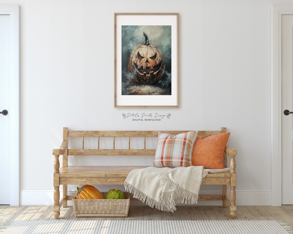 Pale Carved Jack O Lantern Spooky Vintage Halloween Art Print - Image 3