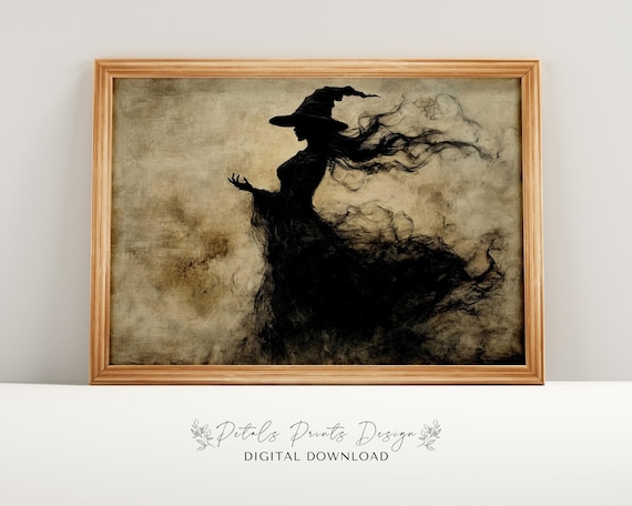 Witch Silhouette with Windswept Hair Dark Vintage Halloween Art Poster