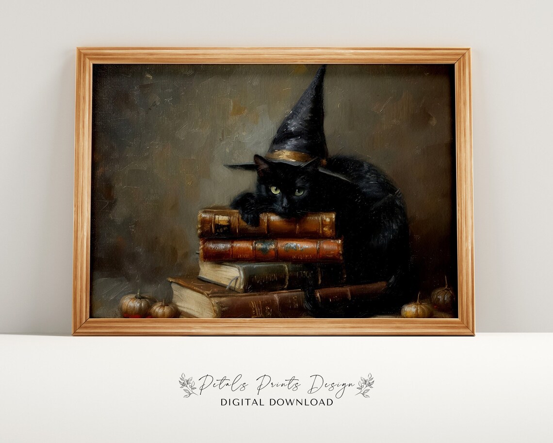 Black Cat In Witch Hat On Old Books Halloween Painting Poster