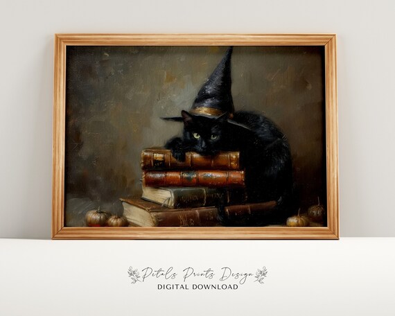 Black Cat In Witch Hat On Old Books Halloween Painting Poster