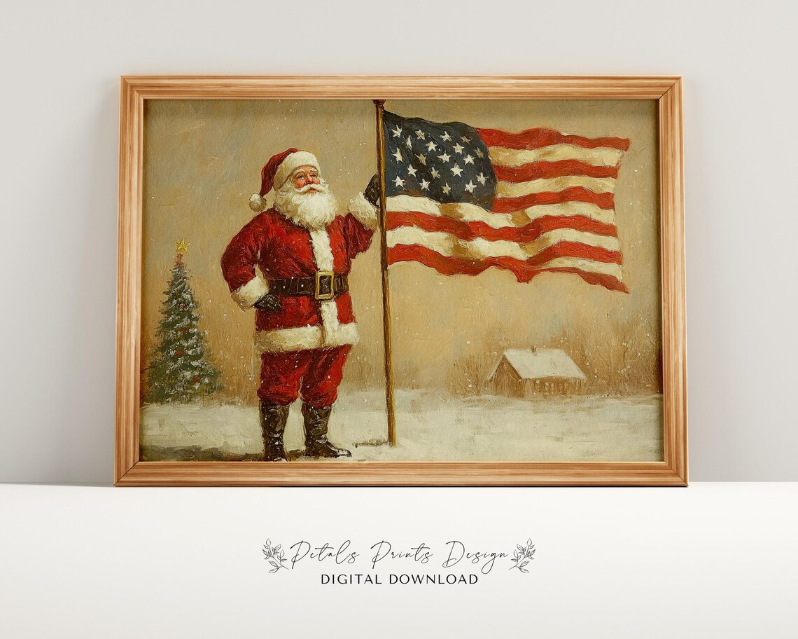 Santa Claus Standing with American Flag in Snowy Farm Scene Art Poster