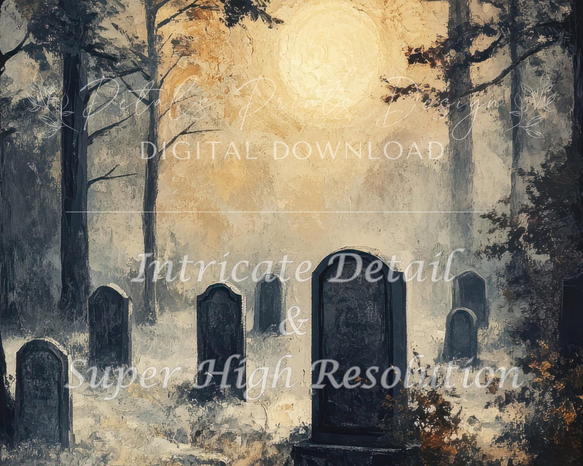 Moonlit Graveyard At Night Glowing Moon Spooky Cemetery Wall Art - Image 2