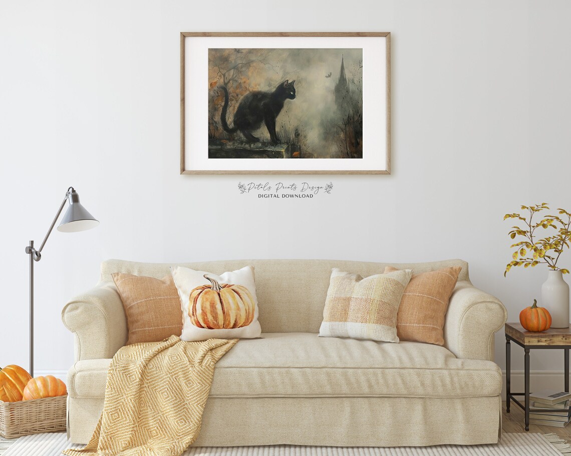 Black Cat In Foggy Graveyard Halloween Night Painting Poster - Image 2
