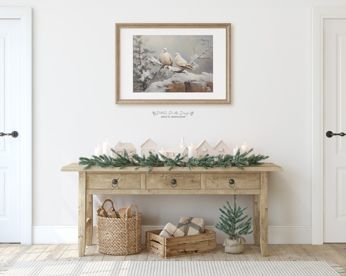 Turtle Doves Christmas Art Print, Rustic Vintage Holiday - Image 2