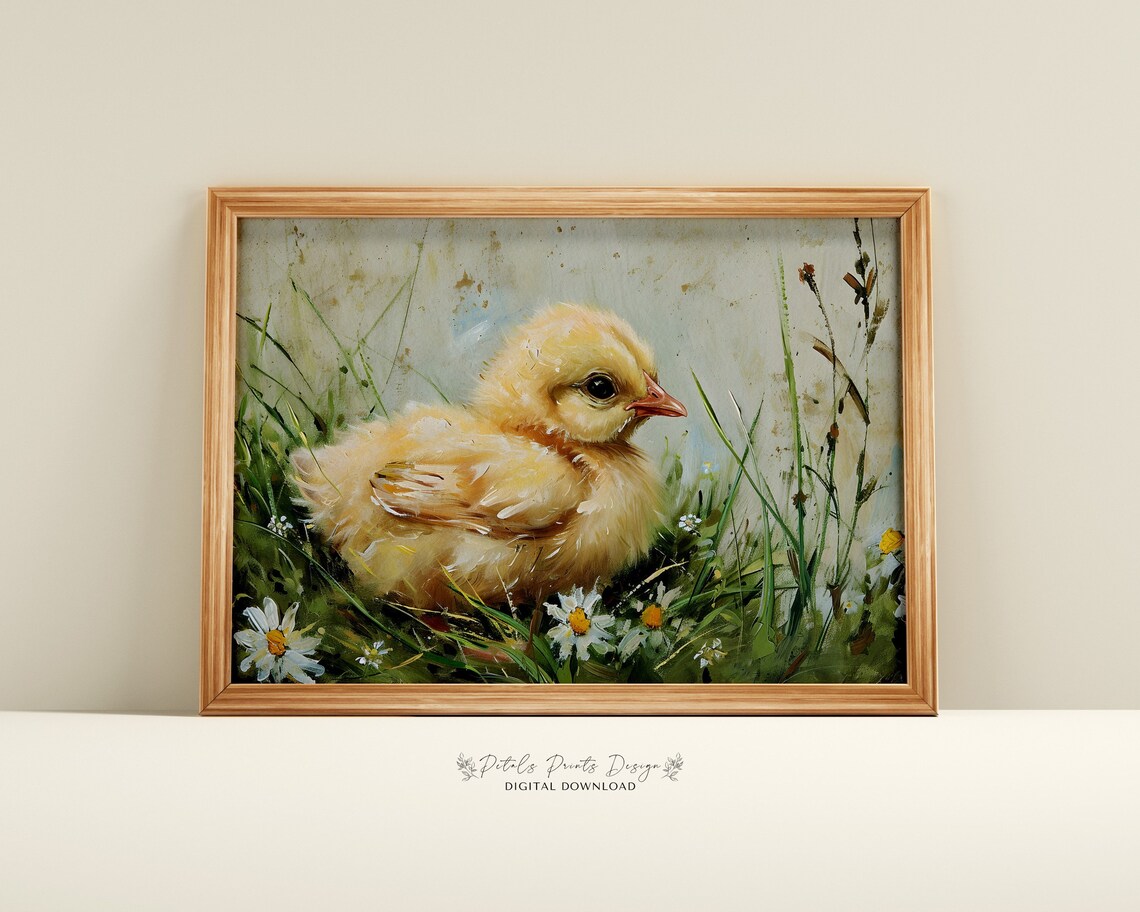 Baby Chick in Daisy Meadow Vintage Spring Farm Animal Poster