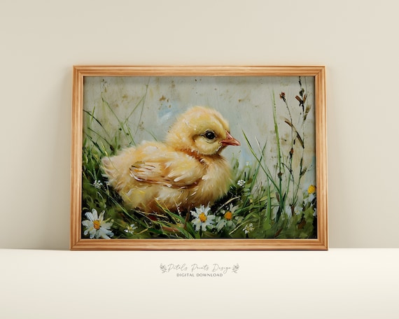 Baby Chick in Daisy Meadow Vintage Spring Farm Animal Poster