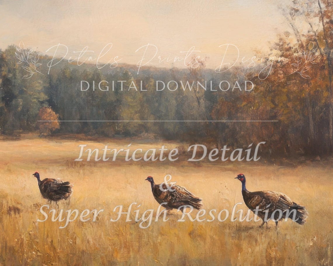 Wild Turkeys In Golden Autumn Field Countryside Painting Poster - Image 2