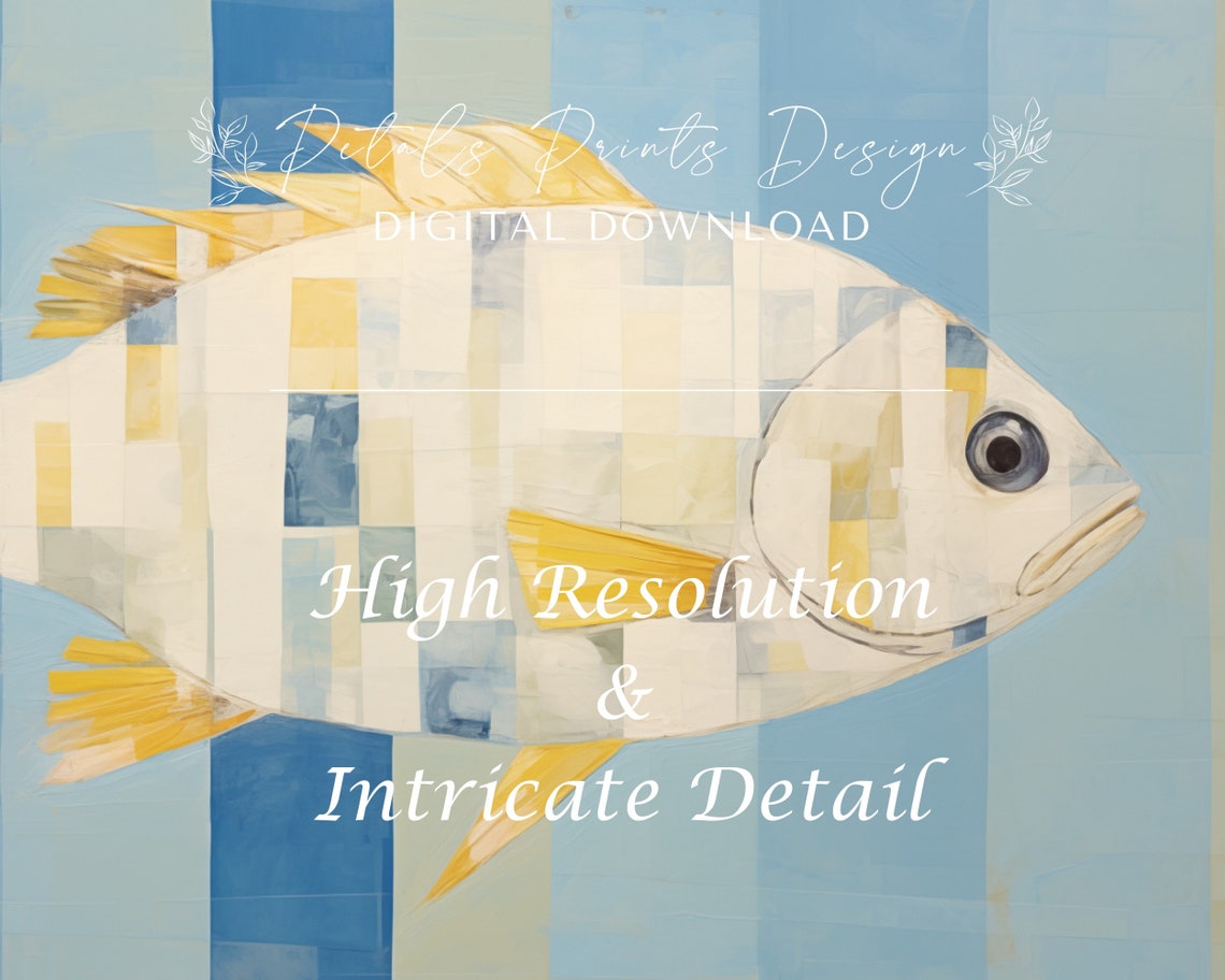 Pale Mosaic Fish on Blue Striped Background Minimalist Art Poster - Image 3