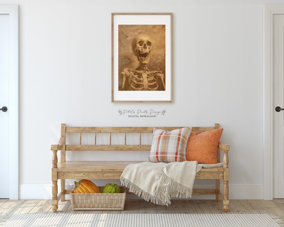 Singing Skeleton Portrait Warm Sepia Halloween Oil Painting Poster - Image 3