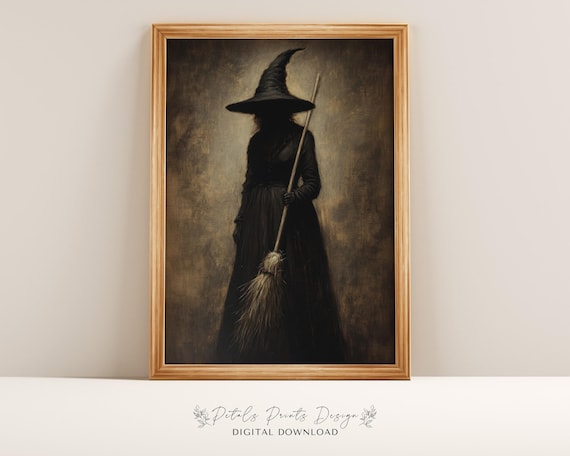 Shadowy Witch With Broom Moody Dark Academia Halloween Wall Art