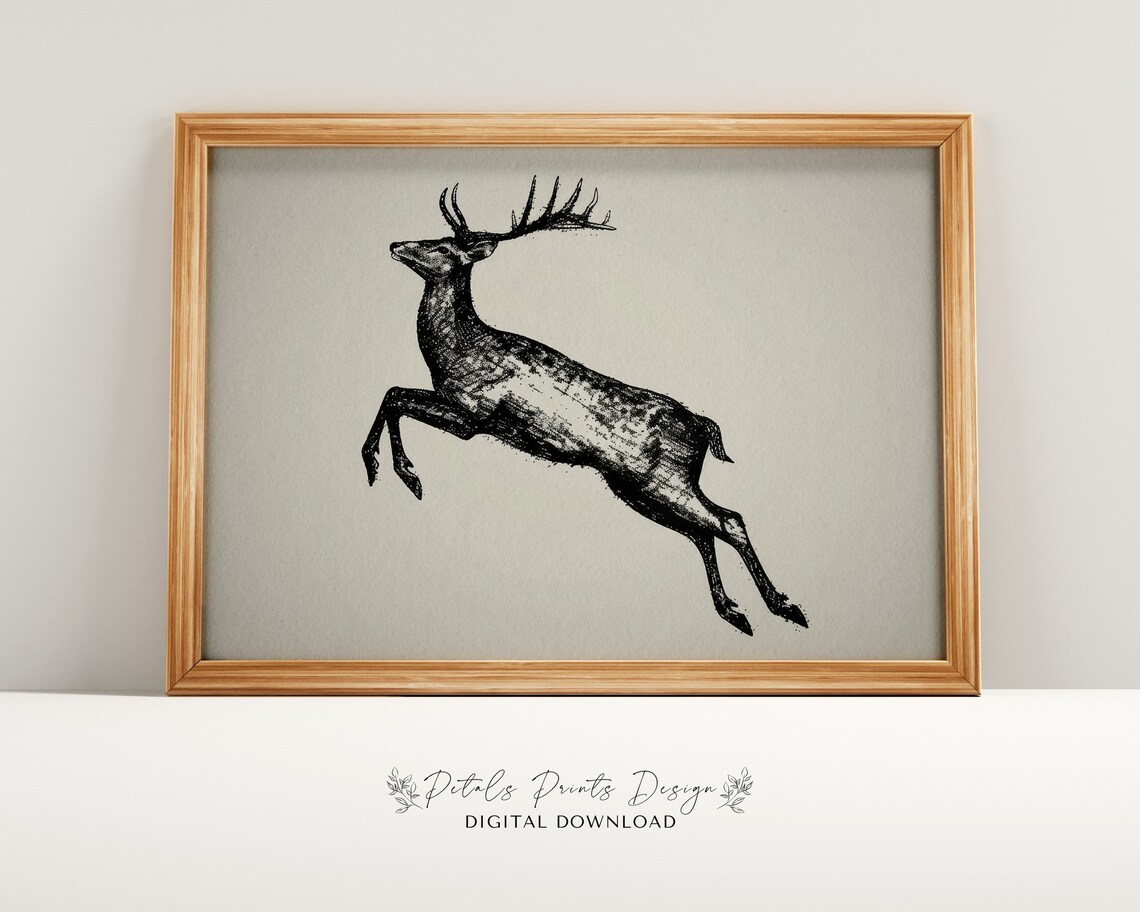 Leaping Stag Deer Ink Sketch Minimalist Wildlife Drawing Poster