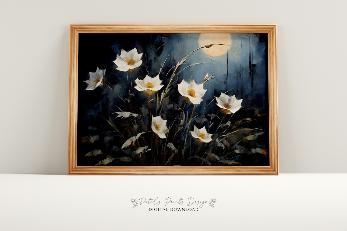 White Flowers Blooming at Night Under a Glowing Full Moon Poster