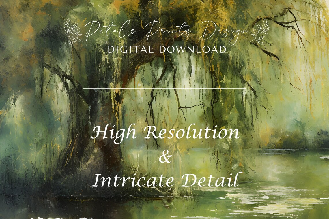 Grand Willow Tree Leaning Over Pond Golden Green Scene Poster - Image 3