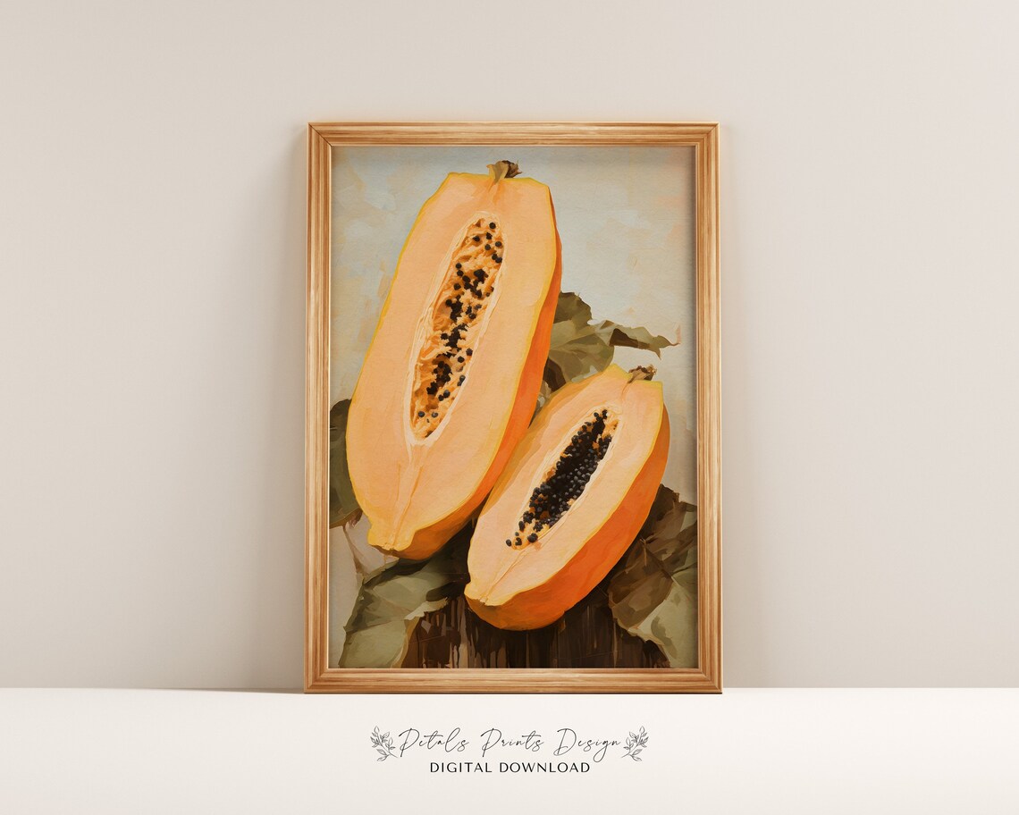 Ripe Papaya Halved Still Life Orange Fruit Kitchen Art Painting Poster