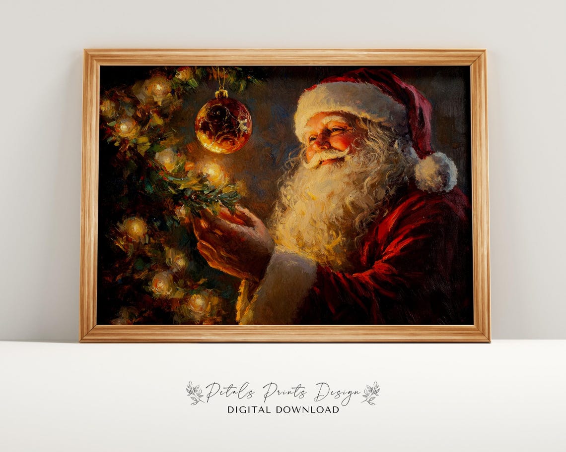 Santa Claus Holding Glowing Red Ornament by Christmas Tree Art Poster