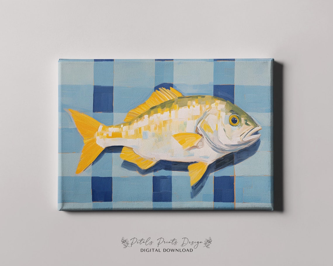 Yellow Finned Fish on Blue Checkered Background Modern Art Poster - Image 4