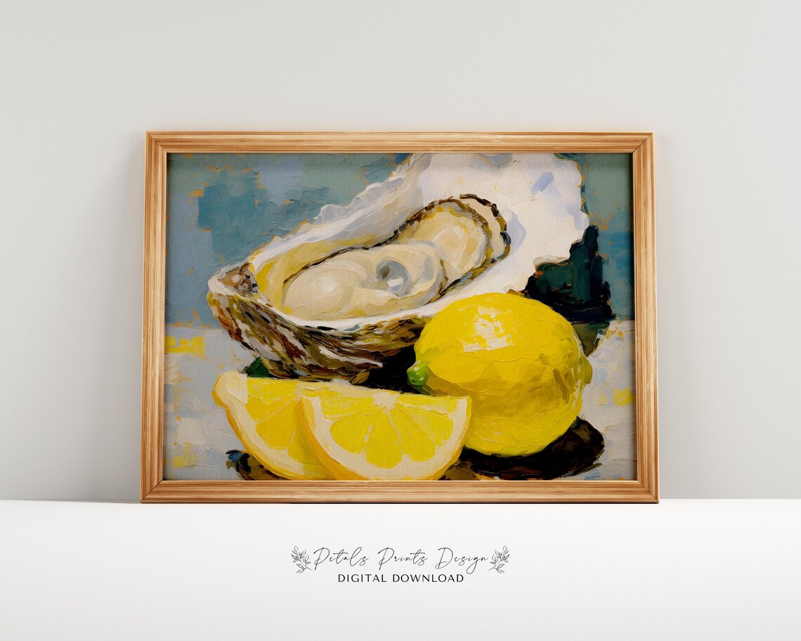 Oyster Shell with Lemon Wedges Bright Still Life Painting Poster