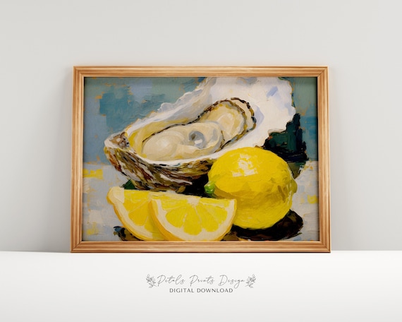 Oyster Shell with Lemon Wedges Bright Still Life Painting Poster
