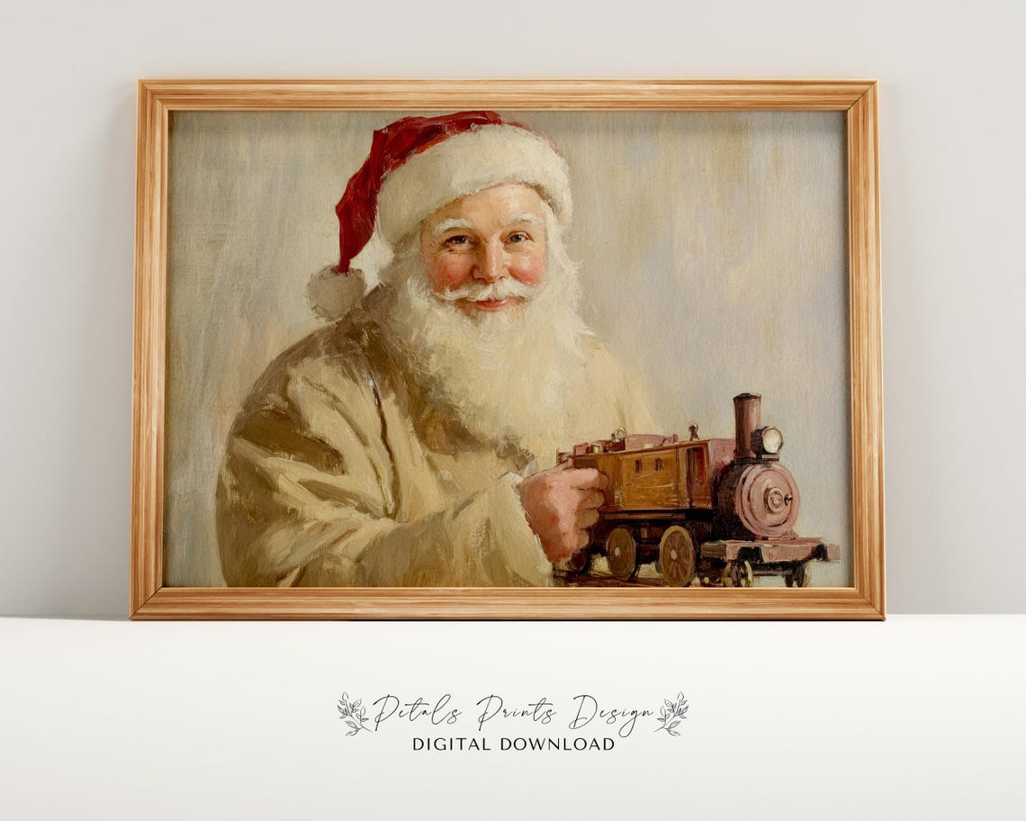 Santa Claus Holding Toy Train in Warm Neutral Tones Vintage Art Poster