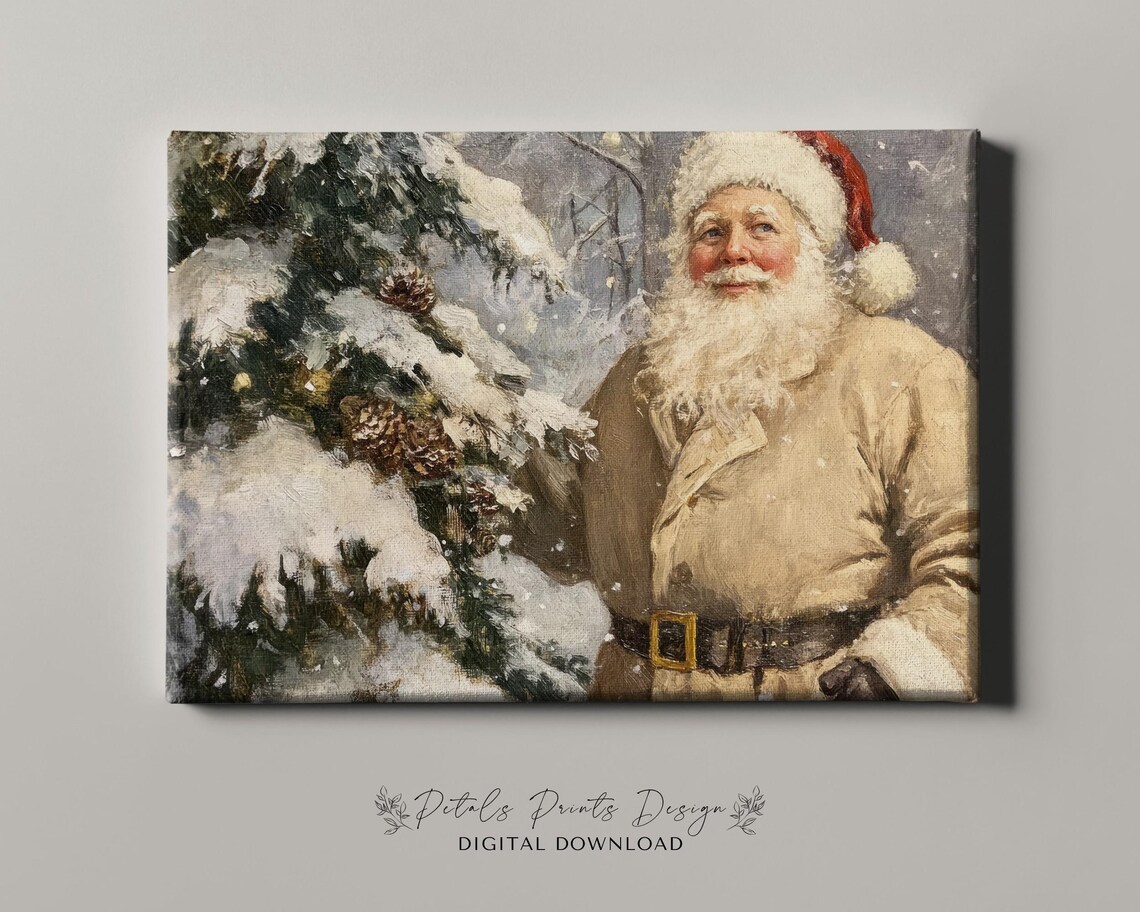 Santa Claus in Neutral Coat by Snowy Pine Rustic Vintage Art Poster - Image 4