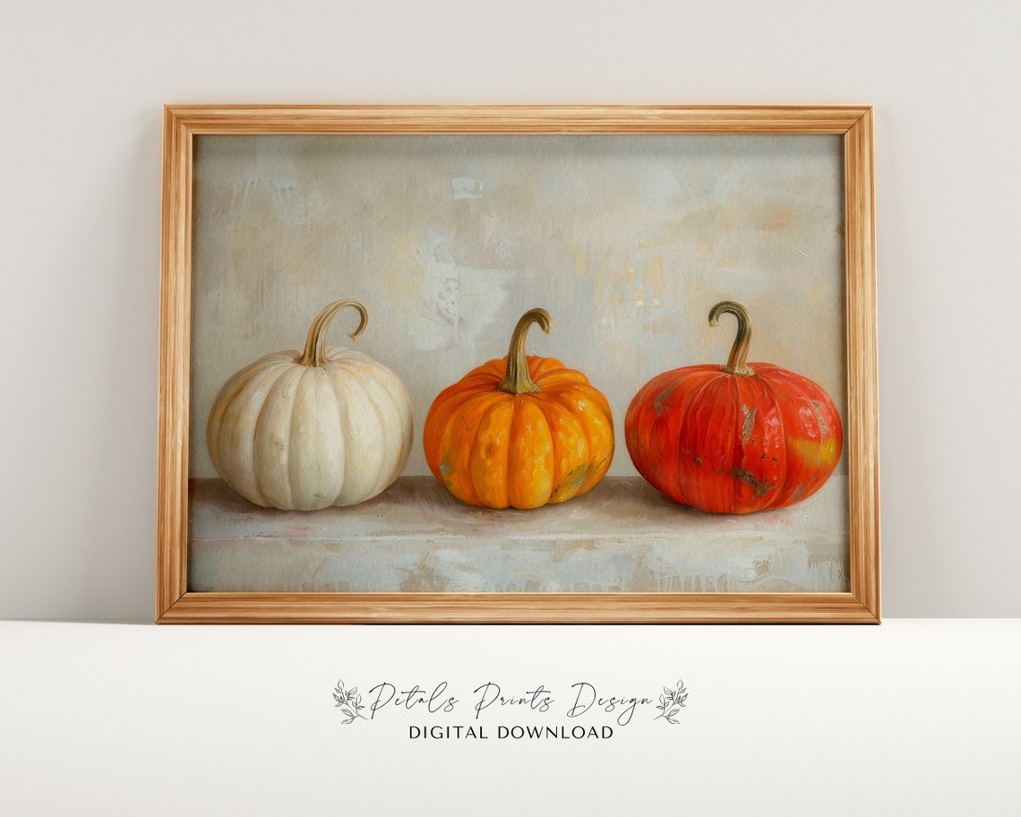 White Orange Pumpkin Row Soft Vintage Fall Still Life Art Print