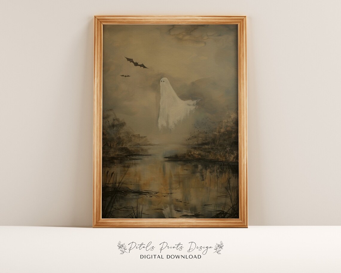 Ghost Rising Over Dark Marsh Lake Spooky Halloween Night Art Print